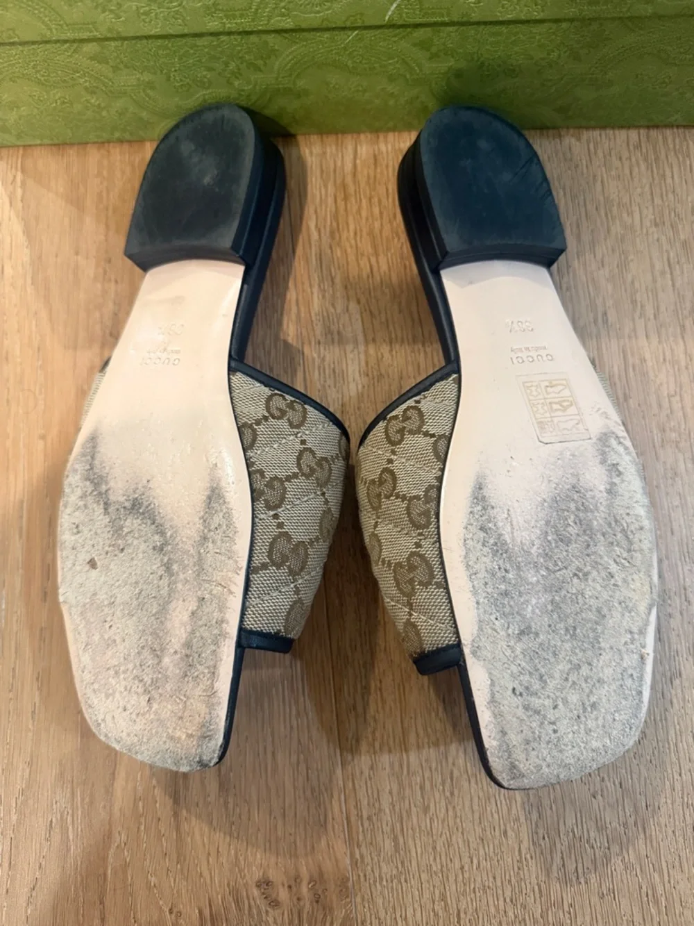Gucci Beige GG Monogram Slide Mules with Gold Double G - Picture 2 of 5